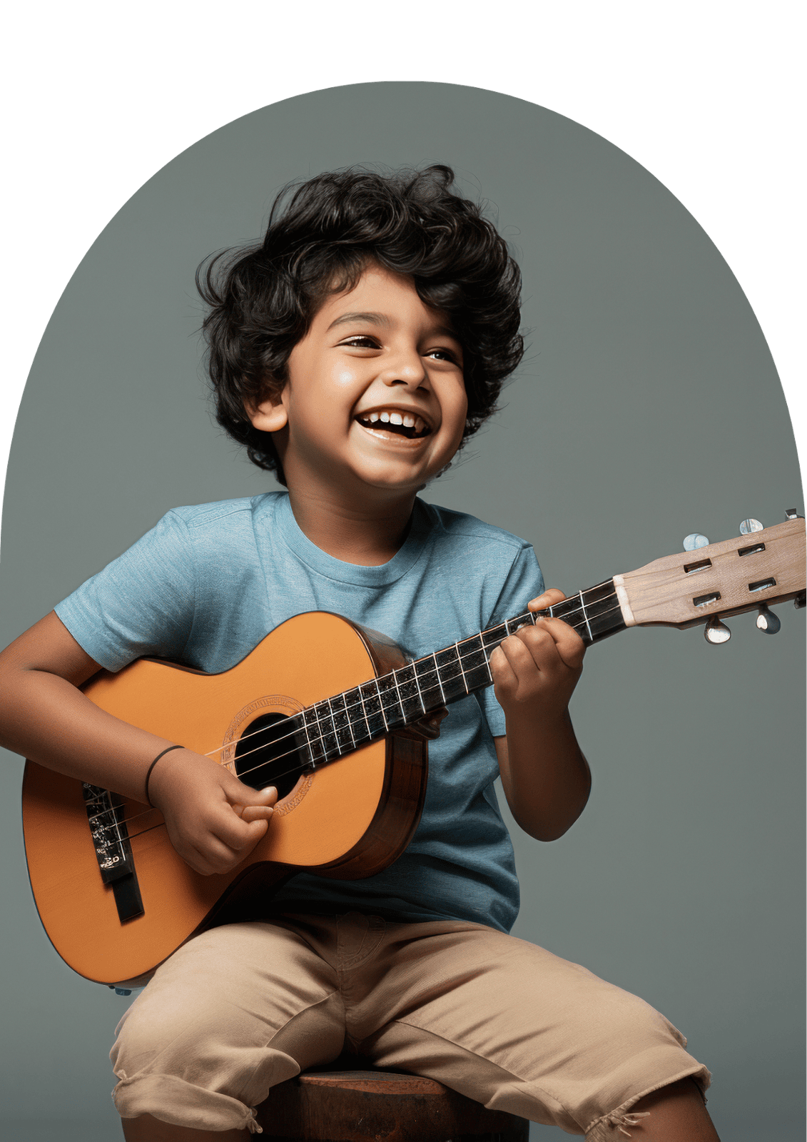 A joyful child learning guitar during an online guitar class, perfect for kids exploring music through personalized online music lessons.